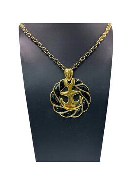 Vintage Anchor Pendant Necklace Gold Tone Black Enamel Nautical Monet 30" Chain
